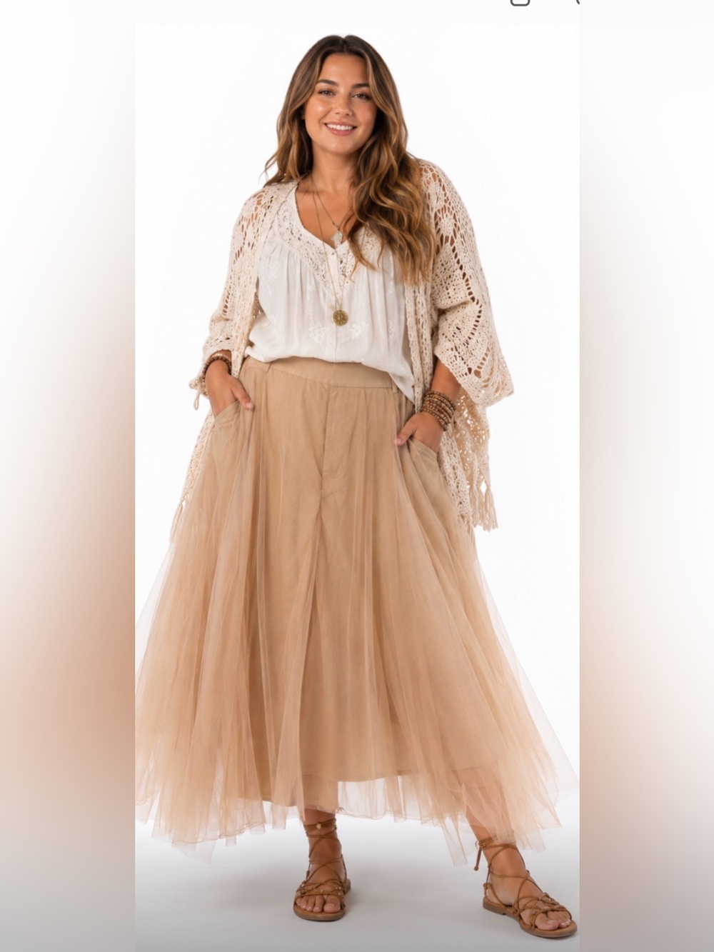 Women’s Tulle Midi Skirt in Nude Tan